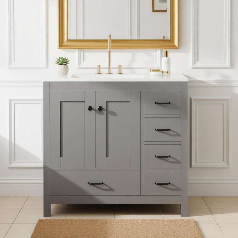 Ensemble de meuble-lavabo 36 po avec lavabo en céramique 36 po, 2 portes à fermeture douce et 5 tiroirs, Gris