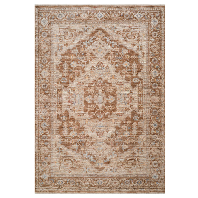 Tapis médaillon floral sable et brun 9 pi x 12 pi avec frange