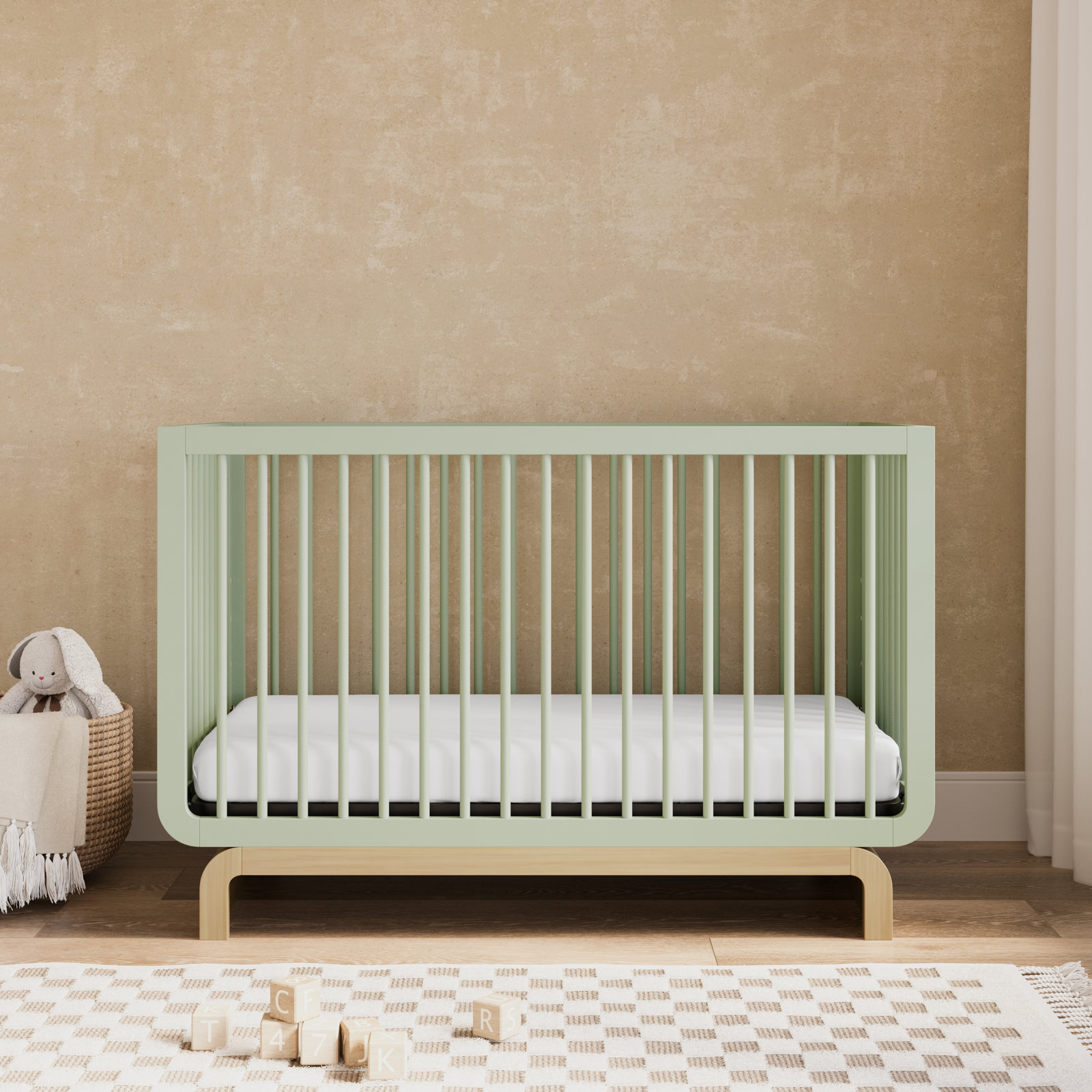 Santorini Pine 5-in-1 Convertible Crib, Sage/Driftwood, Crib + Mattress