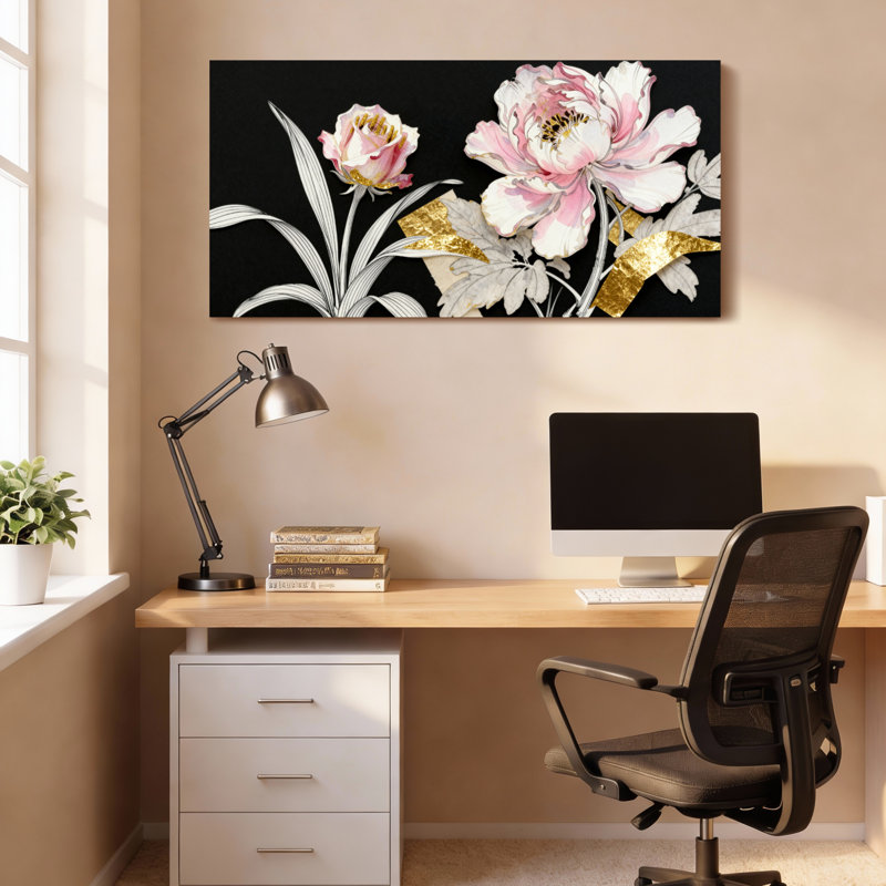 Ensemble de 1 tableau mural sur toile tendue, orné de pivoines roses et de feuilles d'or, H 12 po x l 36 po