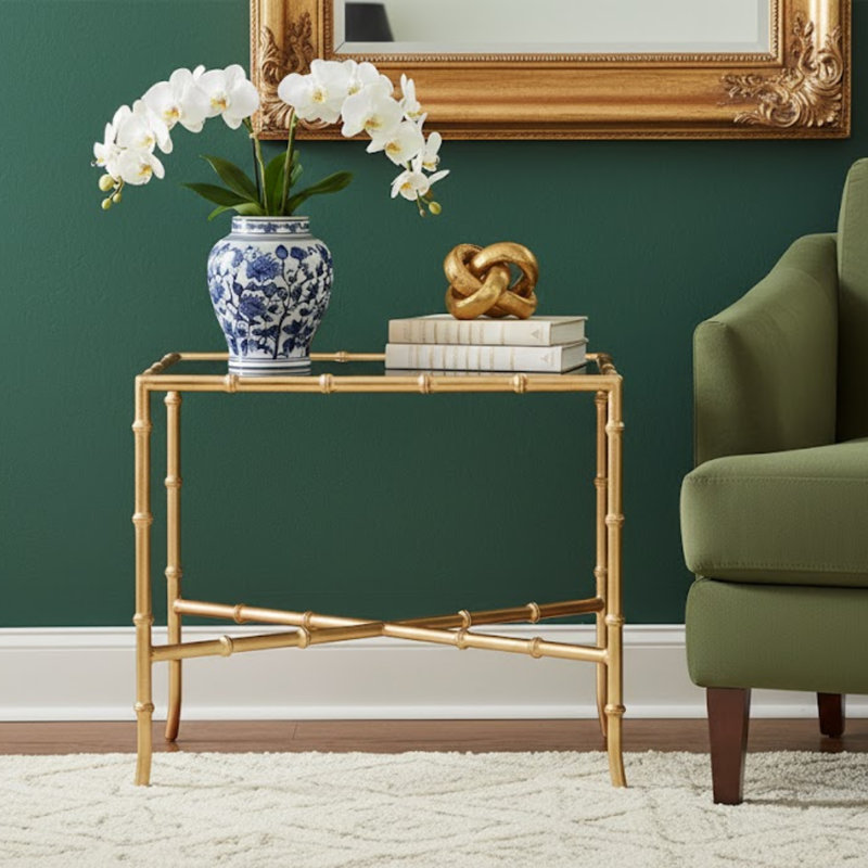 Stylish Chandler Glass Top End Table –Elegant Gold Metal Frame with Curved Legs, Crossed Base Accent