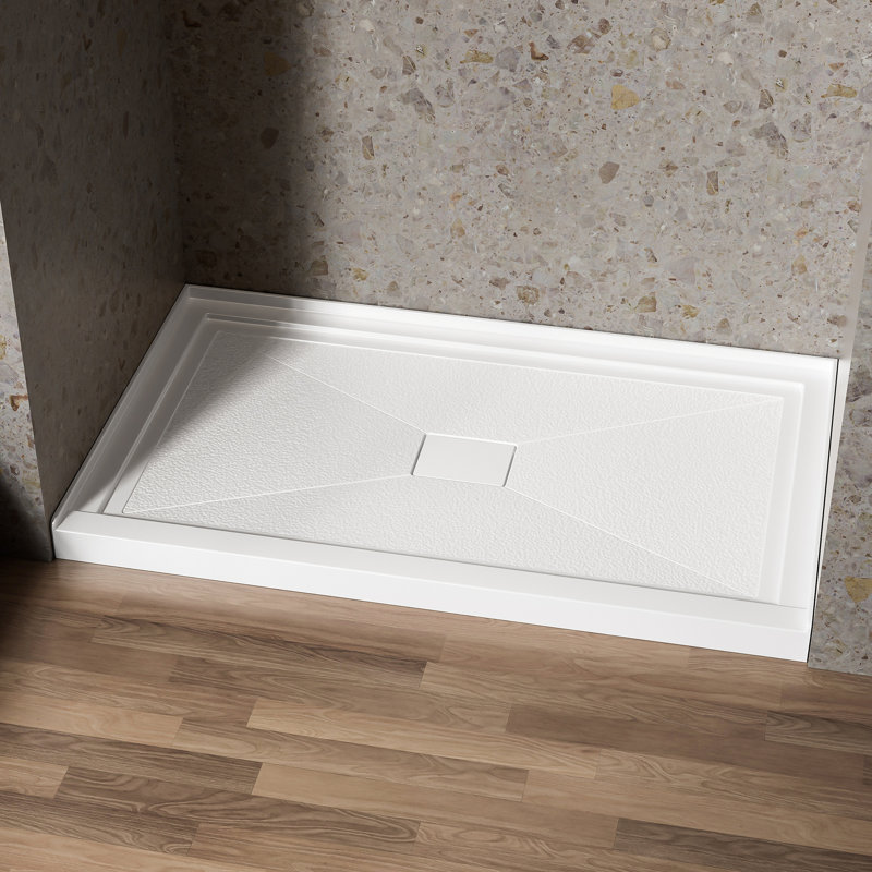 Base de douche en acrylique 60 po x L 36 po x 60 po avec drain central, plateau de douche rectangulaire à seuil simple, plancher antidérapant blanc