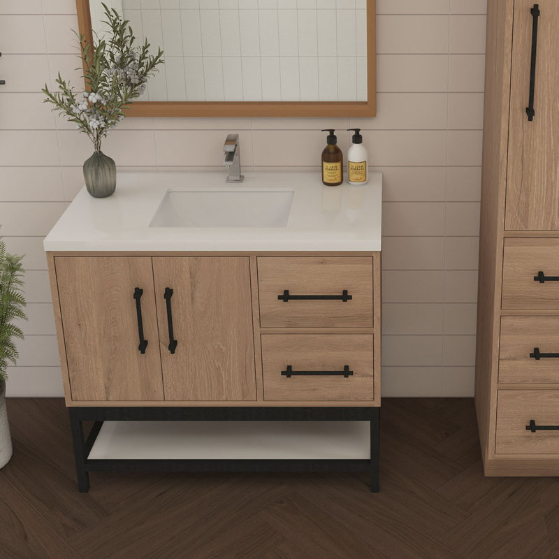 Meuble-lavabo mural droit avec évier et support en acrylique renforcé Victoria, Chêne rouge