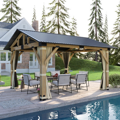 Pavillon de jardin d'extérieur en bois de cèdre avec filet et rideaux, pavillon de jardin en acier galvanisé à toit rigide