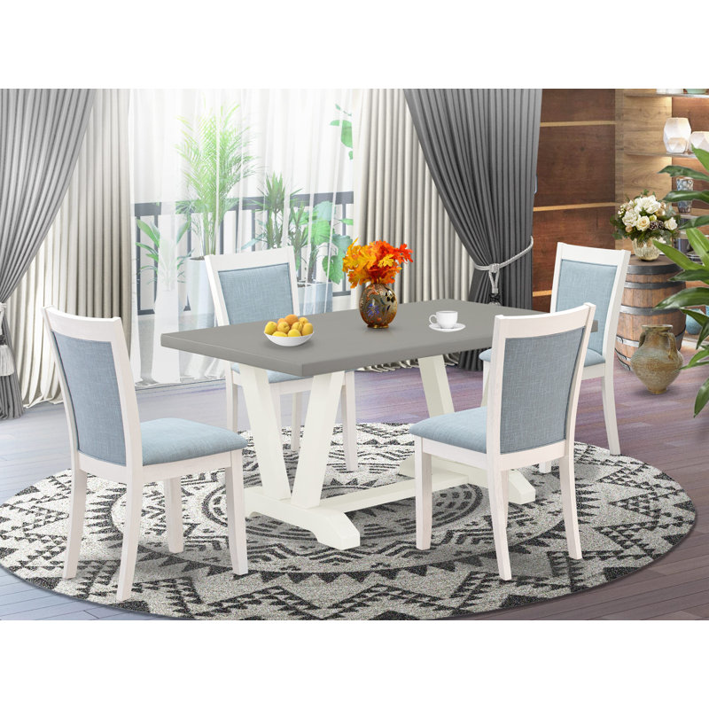 5-Pc Dining Table Set Consists of a Cement Rectangular Table and 4 Baby Blue Linen Fabric Dinner Chairs with High Back - Wire Brushed Linen White.