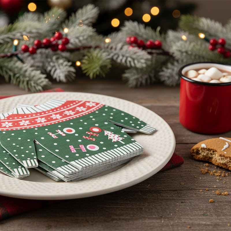 Ensemble de 6 serviettes de table 3 plis en forme de pull vert « Ho Ho Ho »