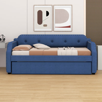 Twin Size Upholstered Daybed With Trundle, Upholstered Sofa Bed With Wood Slat Support