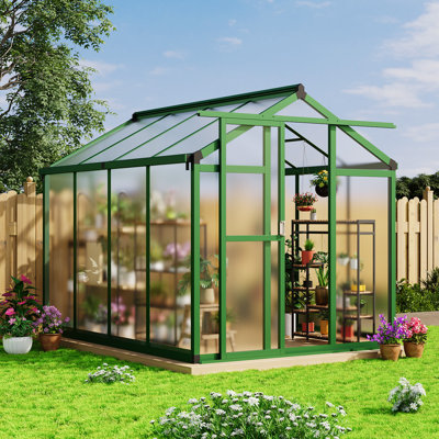 6x8 ft Polycarbonate Greenhouse Upgraded handle model - Heavy-Duty Aluminum Walk-in Garden House with Roof Vent & Lockable Sliding Door - UV Protection & Snow Load Resistant - Integrated Drainage for Backyard, Patio, Lawn, Green