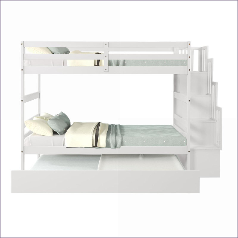 Lit superposé simple au-dessus de simple avec lit gigogne simple Rangement d'escalier - Lit plateforme en bois de pin massif blanc