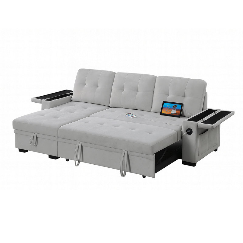 Canapé-lit modulaire réversible en tissu tissé avec méridienne de rangement, gris