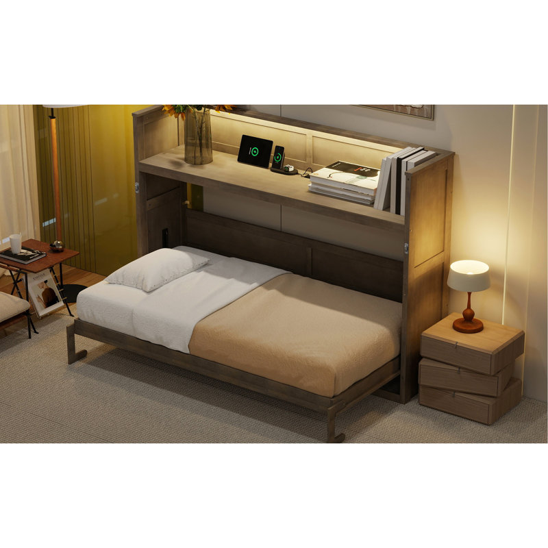 Lit simple gris très grand avec bureau, rangement à matelas, rangement facile pour un bureau à la maison