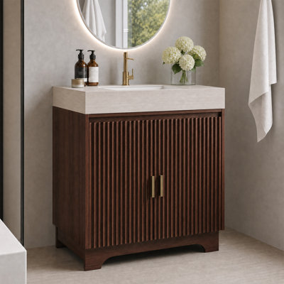 Meuble-lavabo autoportant de 30 po avec plateau en pierre frittée et lavabo en céramique, meuble-lavabo moderne avec portes cannelées verticales et poignées dorées