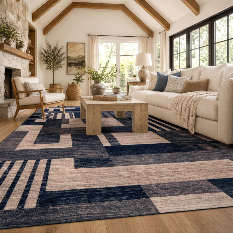 Tapis noir antidérapant à motif de blocs de couleur lavable à la machine, 9 pi x 12 pi