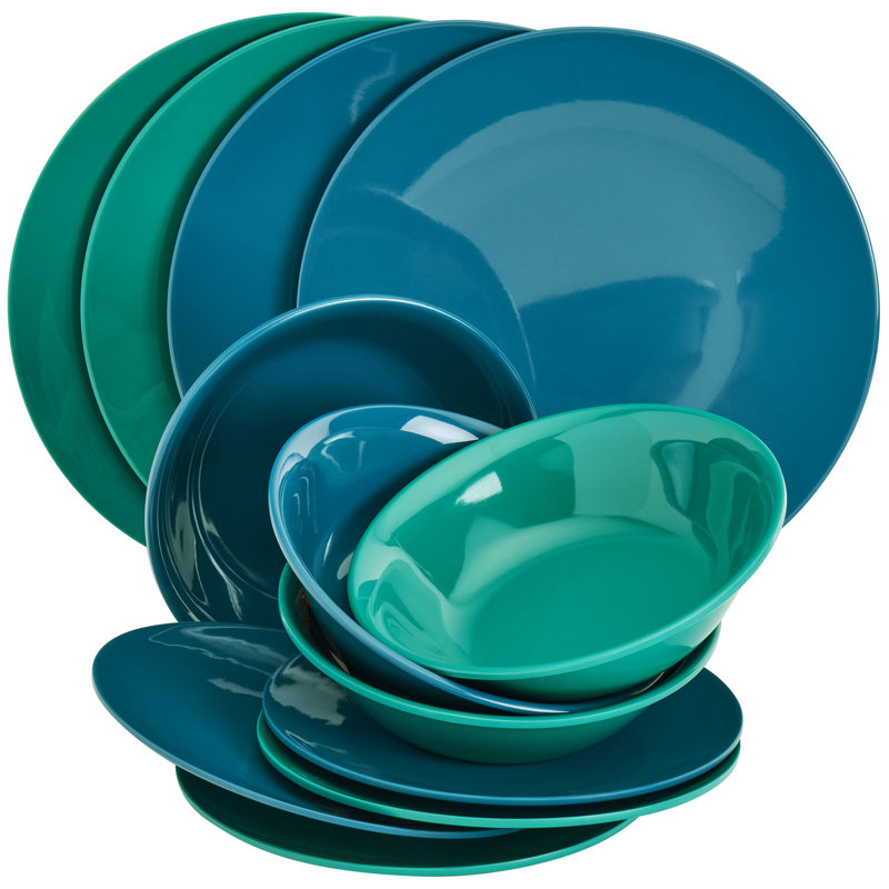 Tabletops Gallery Peacock 12 Piece Melamine Dinnerware Set, Blue/Green