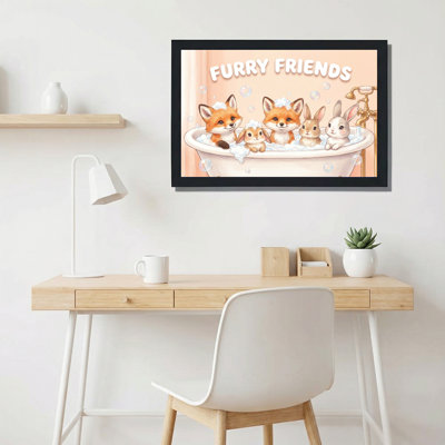 «Furry Friends Fox and Rabbit Bath Scene», reproduction d'art sur toile tendue sur toile, ensemble de 1