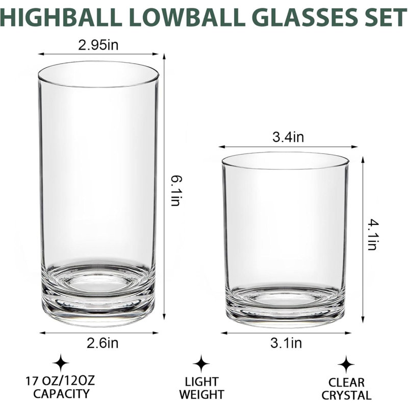 Ensemble de 6 gobelets en plastique réutilisables - Verres en acrylique - Verres en acrylique - Gobelets en plastique transparent - Verres à boire en plastique incassables - Va au lave-vaisselle - Highball Lowball 3 chacun 12 oz / 17 oz