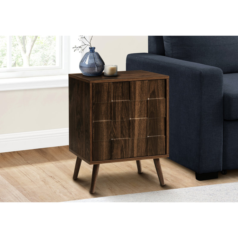 Table d'appoint en noyer stratifié avec style: 23 po de hauteur, pieds en bois massif, armoire de rangement, loquet à poussoir pour le salon ou la chambre à coucher et durabilité: stratifié, d'inspiration Mid-Century
