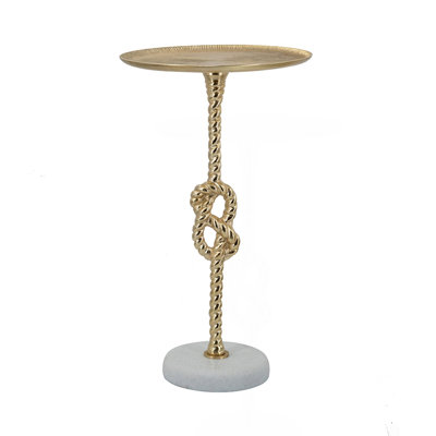 13.8x13.8x24" Gold Side Table With Rope Knot Design And White Marble Base