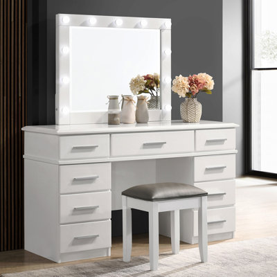 Bureau de coiffeuse 9 tiroirs blanc brillant
