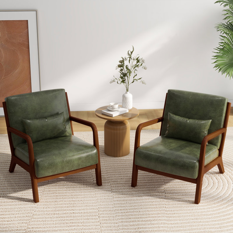 64.5Cm Wide Armchair, Dark Brown Wood, Cesaria Hunter Green Faux Leather