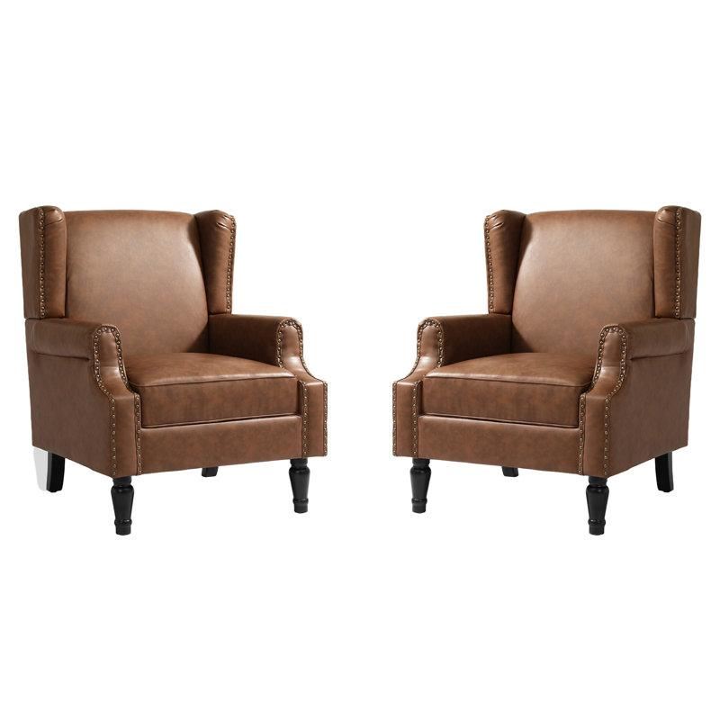 74.4 Cm Wide Wingback Chair, Brown Faux Leather