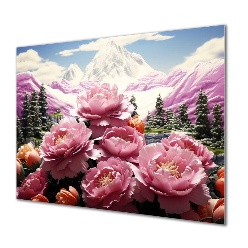 Anémones roses, montagnes roses - Art mural floral, Métal métal, H 34 po x l 44 po x P 1,5 po