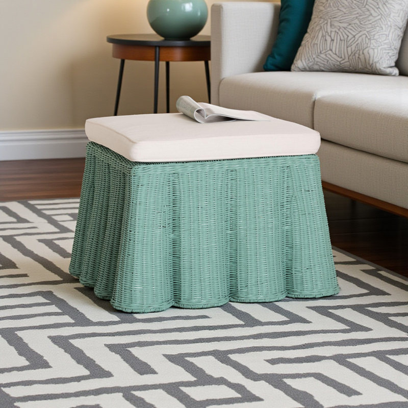Luciana Rattan Ottoman with Scallops in Bohemian Style, 16.32" H X 26.99" W X 26.99" D, Green Fabric