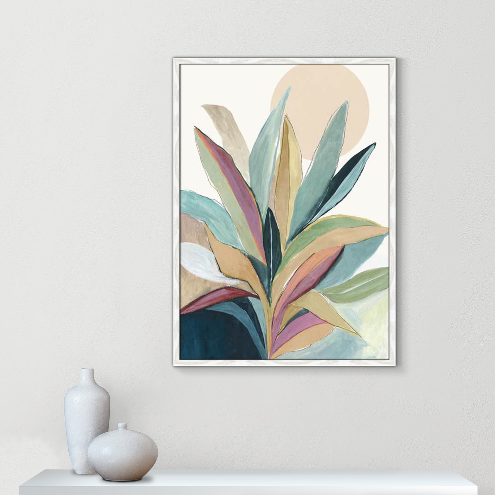 Sunny Bright Leaves I by Asia Jensen, 35.5" H x 25.5" W x 0.75" D, White Slim Unmatted Picture Framed