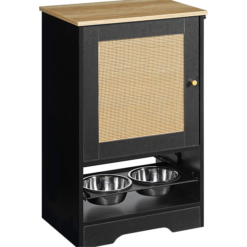 Pet Feeding Station With 1 Cabinet & 2 Elevated Bowls - Black, Long-Lasting Black Pull-Out Drawer Space Saving Solution