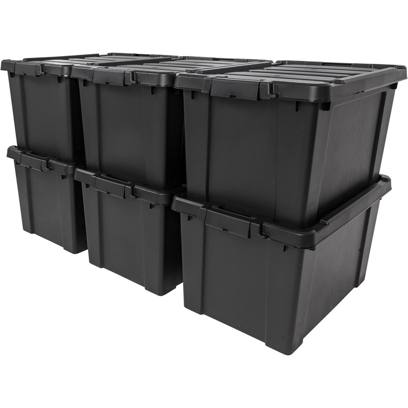 20 Gallon Lockable Storage Bins With Lids, 6 Pack - , Heavy Duty, Stackable Containers, Garage Organizing Bins Moving Tubs, Rugged Sturdy Equipment Utility Box - Black