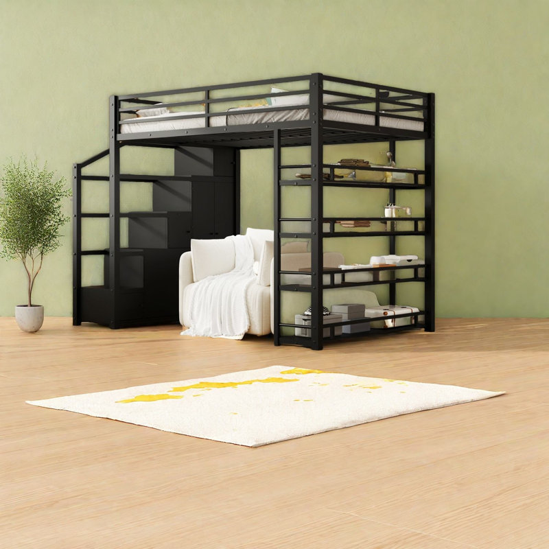 Lit mezzanine en métal peu encombrant avec rangement, conception moderne pour la maison