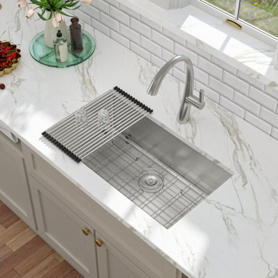 32" L x 19" W Undermount 16 Gauge Stainless Steel Single Bowl Kitchen Sink with Strainer, Bottom Grid and Roll-Up Dish Drying Rack