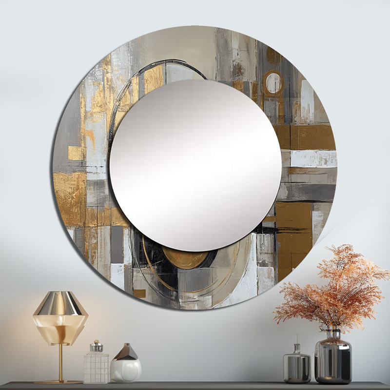 «Purter» or et gris Radical Simplicity I - grand miroir mural moderne Mid-Century, miroir décoratif rond moderne, impression d'art en métal