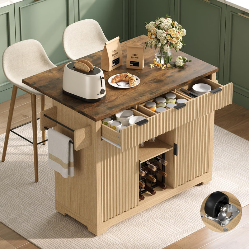Kitchen Island With Drop Leaf, Wine Rack & Wheels