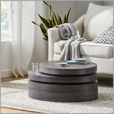 Table basse rotative moderne noire matte - 3 couches peu encombrantes, parfaite pour le salon Petits espaces