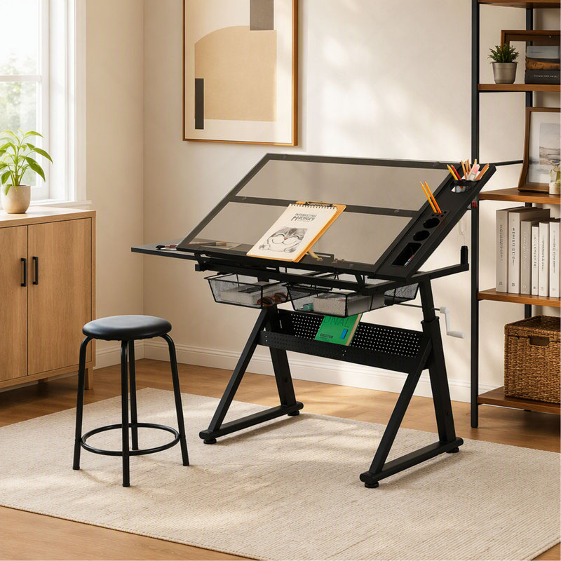 Table à dessin à manivelle réglable en verre avec chaise et rangement, pour le salon ou le bureau