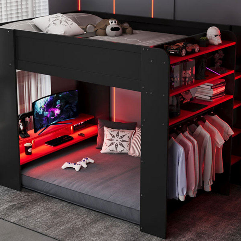 Lit superposé double en bois massif avec bureau à hauteur ajustable, garde-robe, grand rangement et lumière RVB, Rouge