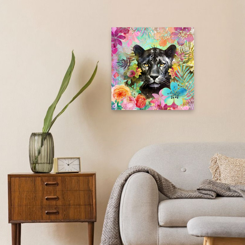 Tropical Panther Blooms Colorful Contemporary Animal Flower Wall Art Print 1 Piece Wrapped Canvas Wall Art