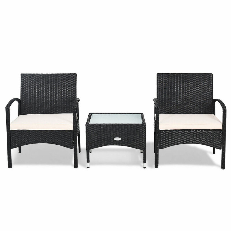 Ensemble de conversation de patio en rotin avec coussins 3 pièces, Blanc