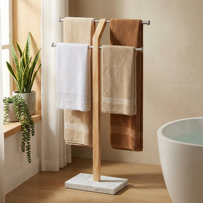 Porte-serviettes sur pied réglable en largeur KES avec base en marbre naturel lesté 3 fois plus épais, support à serviettes en bois à 2 niveaux pour plancher de salle de bain, acier inoxydable 18/8, finition brossée
