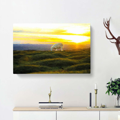 Grazing Sheep At Sunset - Wrapped Canvas