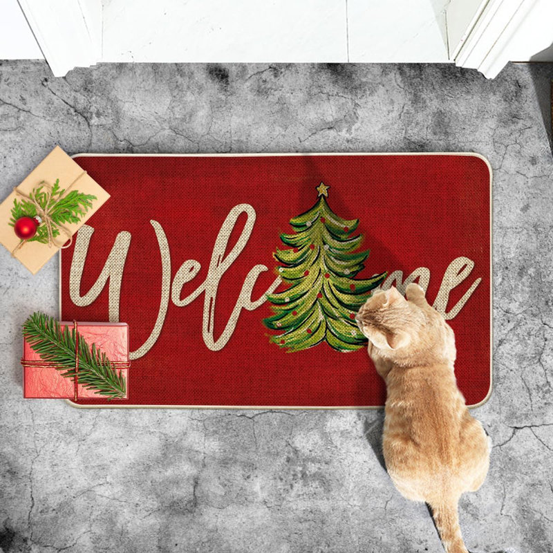 Green Xmas Tree Christmas Welcome Doormat, Winter Home Decor Low-Profile Switch Rug Door Mat Floor Mat For Indoor Outdoor 17X29 Inch