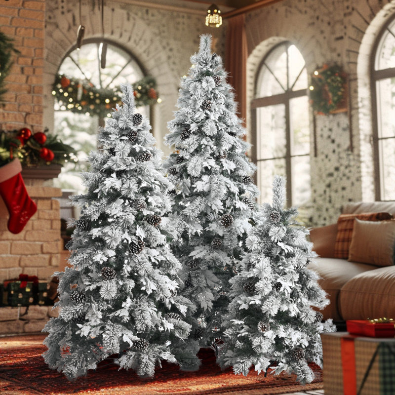 Pre-Lit Spruce Snow Flocked Xmas Tree Set - 4FT, 6FT, 7.5FT With Pine Cones, PE & PVC Mixed Leaves, Artificial Hinged Xmas Tree With 820 LED Lights & 11 Flashing Modes, Perfect For Holiday Decoration