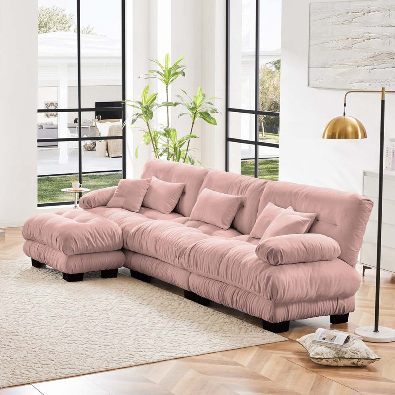 Canapé en chenille 3 places avec repose-pieds, Rose