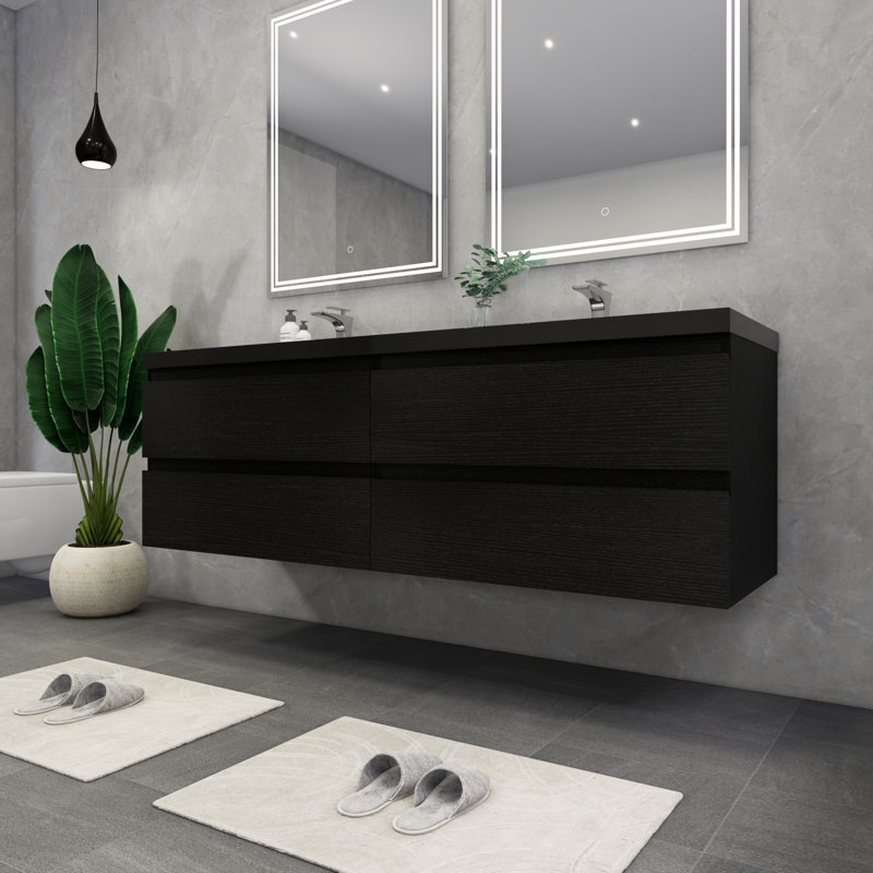 Kirker 72" Wall-Mounted Double Bathroom Vanity Set, Rich Matt Black
