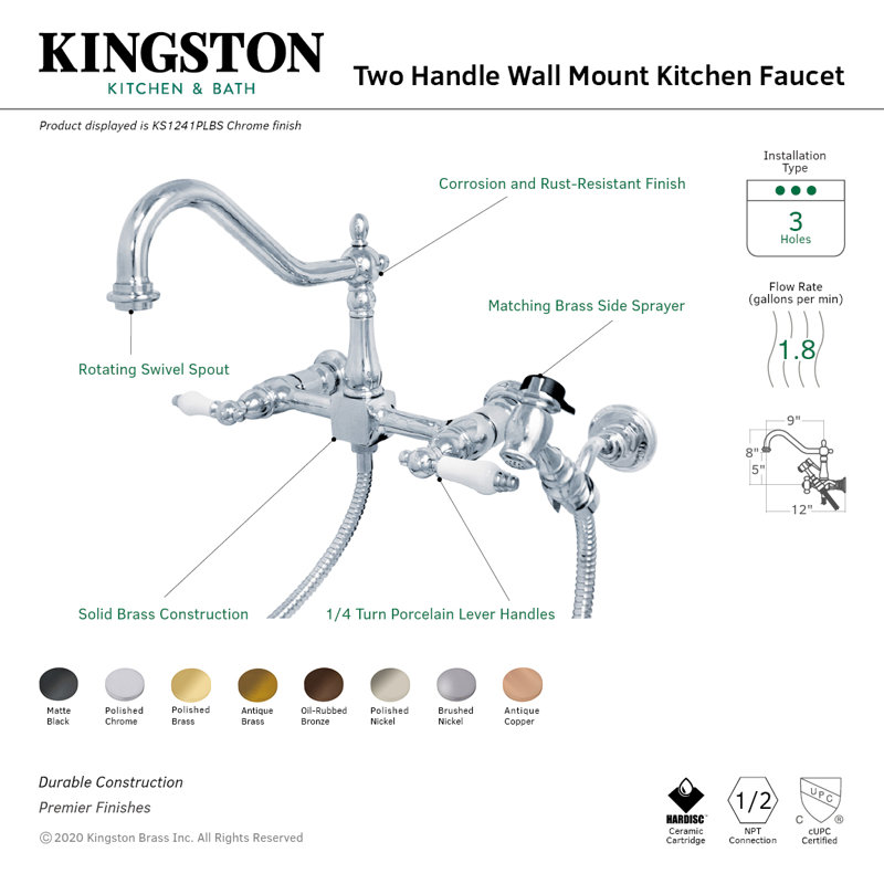 Kingston Brass Heritage Double-Handle 3-Hole Wall-Mount Bridge Kitchen Faucet with Brass Sprayer, Polished Chrome