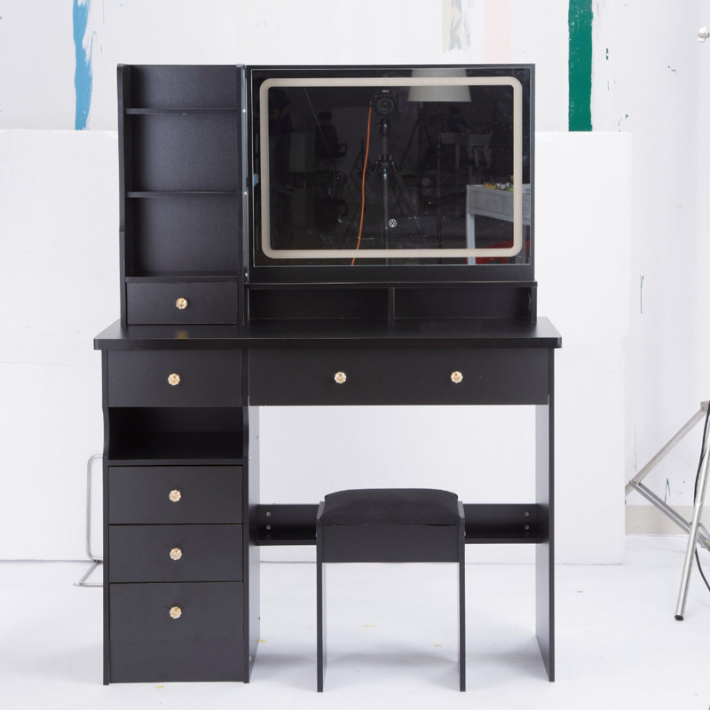Meuble-lavabo de 41 po avec tiroir à gauche et tabouret rembourré, très grand miroir à DEL, Noir, noir, noir, noir