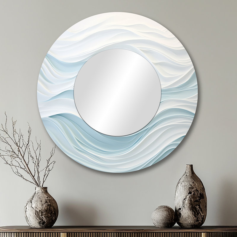 Blue And White Simplicity Wave - Marble Large Mirror, Blue Round Decorative Wall Mirror, Printed Metal Art, 29" x 29"
