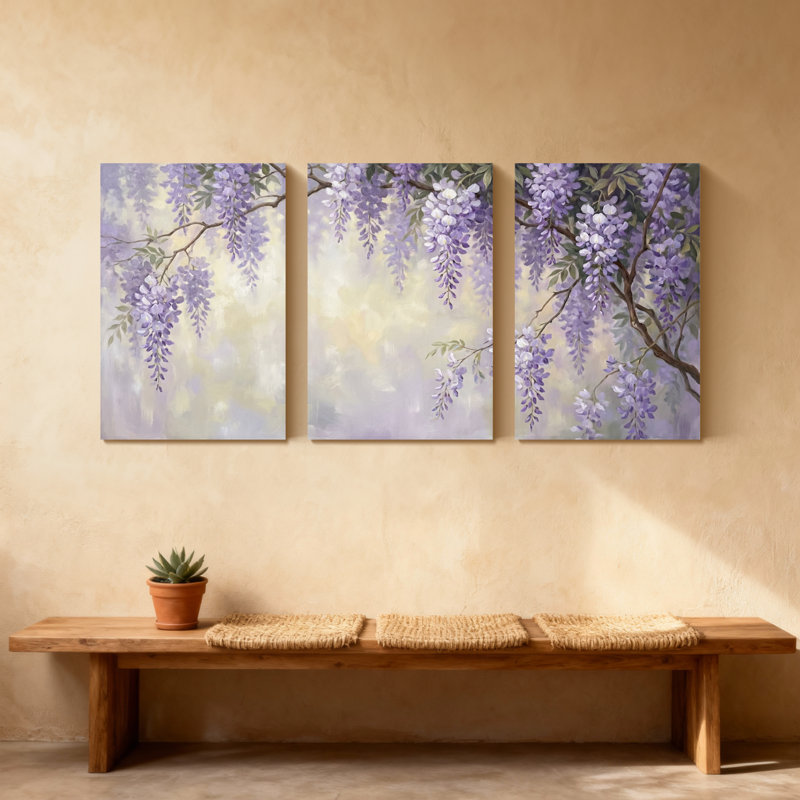 Plantes et fleurs, fleurs de glycine mauves sur fond doux, ensemble de 3 impressions d'art sur toile, H 36 po x l 72 po