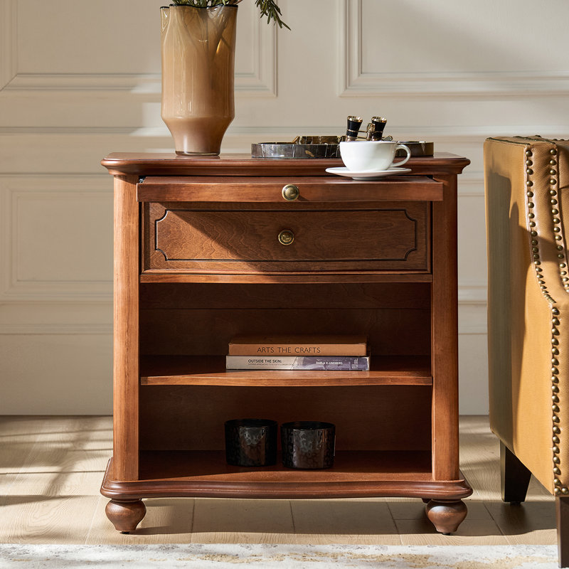 Elfine Traditional 28"W 1-Drawer Curved Front Solid End Table with Pull-out Tray, Brown